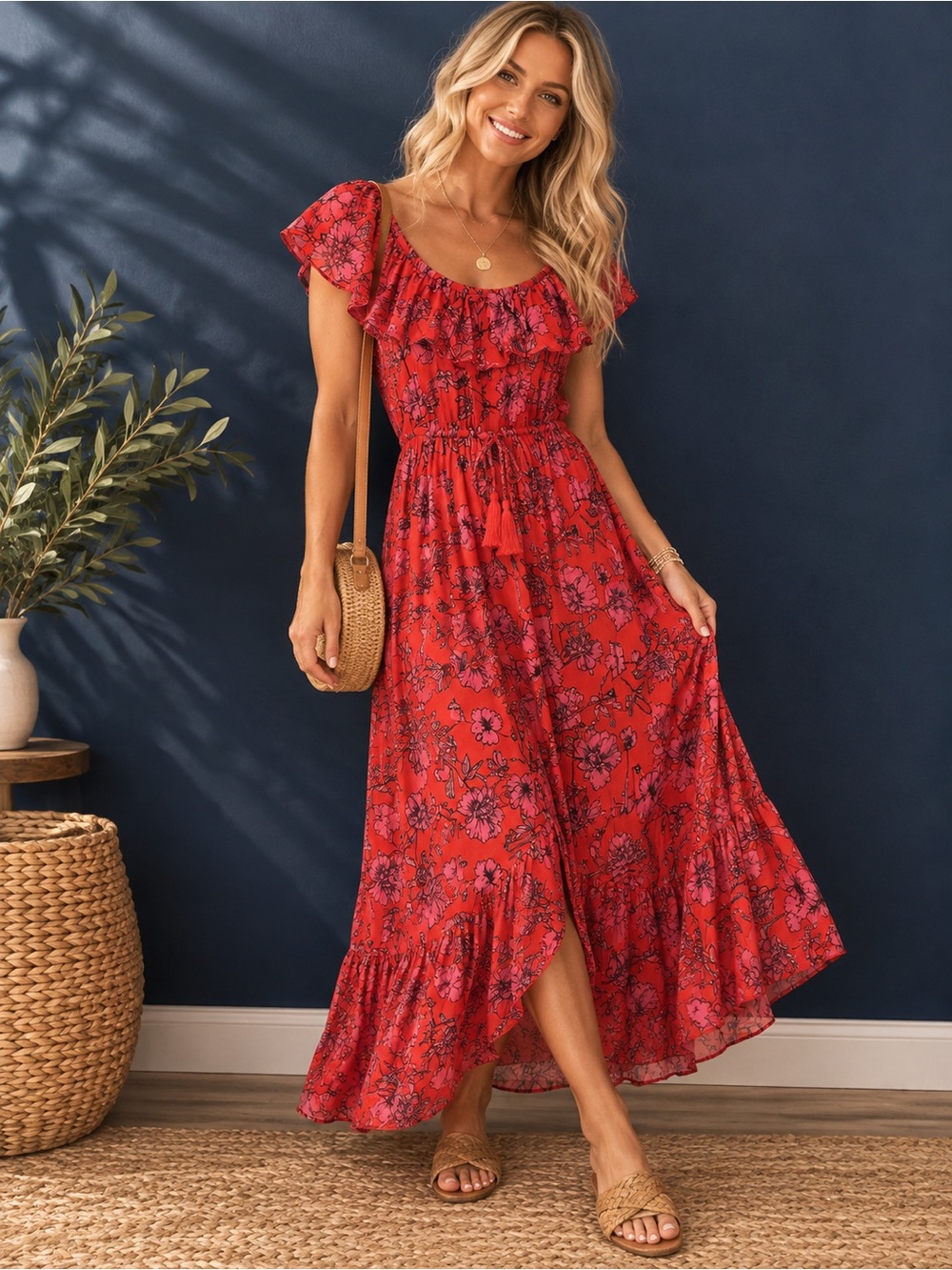 B.O.G. Collection Red Floral Maxi Dress Ruffle Off Shoulder Boho Small